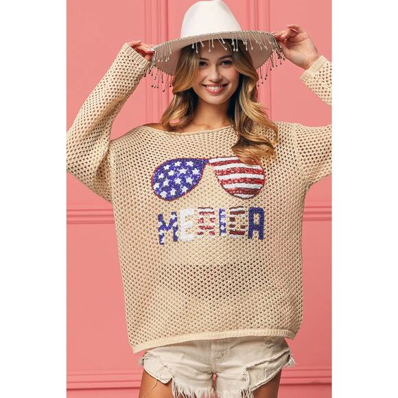 BiBi Sequin American Flag Sunglasses Pattern Open Knit Cover Up Top | Oatmeal - Picture 4 of 11